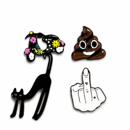 Mizah Temalı 4'lü Metal Rozet Seti – Kedi, Emoji, El İşareti ve Sanatsal Figür Rozet