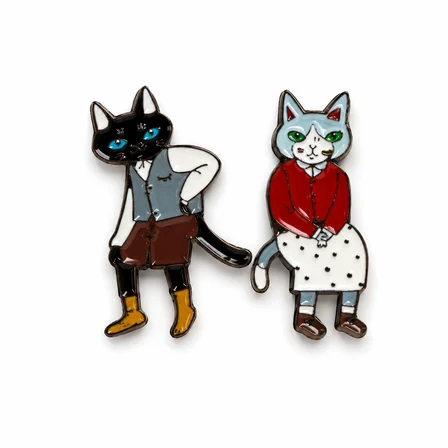 Sevimli Kedi Çifti 2'li Metal Rozet Seti – Çizgi Karakter Emaye Broş Pin
