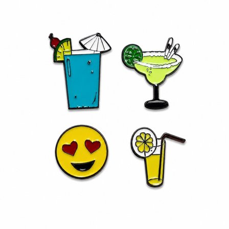 Yaz Temalı Kokteyl & Emoji 4'lü Metal Rozet Seti – Renkli Emaye Rozet 