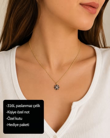 Velmora Siyah Taşlı Çiçek Kadın Kolye 316L Paslanmaz Çelik Zarif Hediye Kolyesi