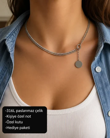 Lumessia Işıltılı Çift Sıra Taşlı Choker Kolye – 316L Paslanmaz Çelik 