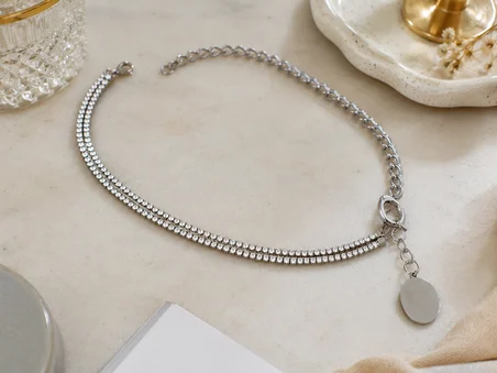 Lumessia Işıltılı Çift Sıra Taşlı Choker Kolye – 316L Paslanmaz Çelik 