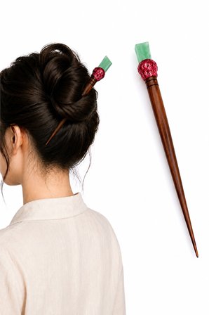 Doğal Taş Detaylı Ahşap Saç Çubuğu – El Yapımı Japon Esintili Topuz Tokası 18 cm