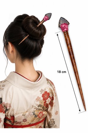 Japon Esintili El Oyması Ahşap Saç Çubuğu – 18 cm Doğal Ahşap Topuz Tokası