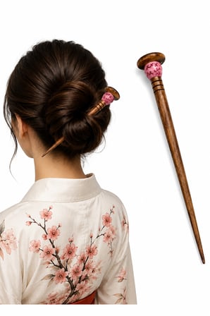 Sakura Desenli Ahşap Saç Çubuğu – El İşçiliği Japon Esintili Topuz Tokası 18 cm