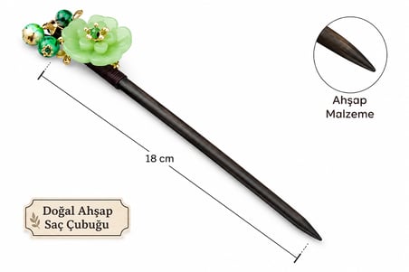 Yeşil Lotus Çiçekli Doğal Ahşap Saç Çubuğu El Yapımı Japon Esintili Topuz Tokası