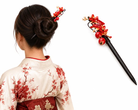 Kırmızı Çiçek Detaylı Ahşap Saç Çubuğu – 18 cm Japon Esintili Topuz Aksesuarı
