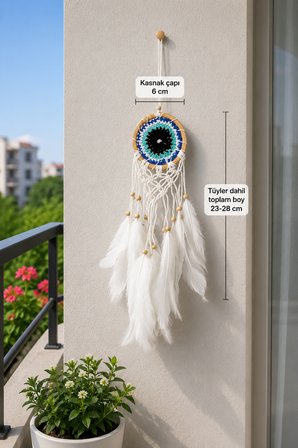 Mavi Nazar Motifli Mini Düş Kapanı 6 cm Kasnaklı Tüylü Bohem Duvar Dekoru