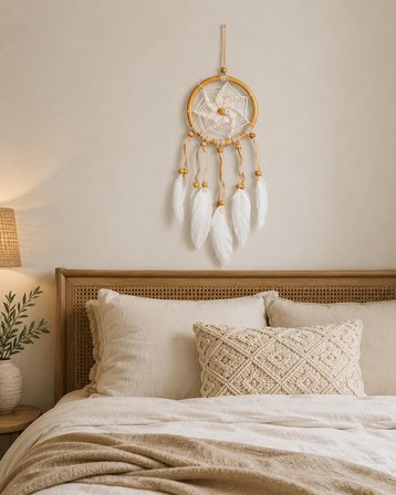 Doğal Bambu Kasnaklı Beyaz Tüylü El Yapımı Dekoratif Duvar Düş Kapanı 9 cm