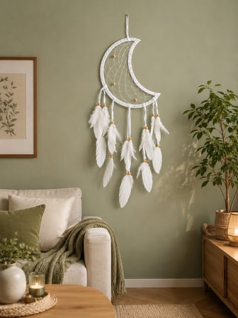 Beyaz Hilal Ay Düş Kapanı Tüylü Boncuklu Bohem Duvar Süsü Ev ve Oda Dekoru