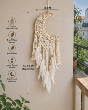 Ay Figürlü Makrome Düş Kapanı Tüylü Bohem Duvar Dekoru Hediye