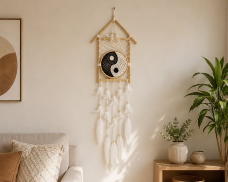 Yin Yang Tasarımlı Bambu Düş Kapanı Bohem Duvar Dekoru Hediye Süsü