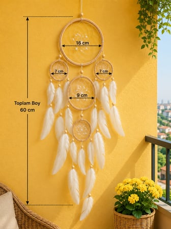 5 Halkalı Beyaz Tüylü Düş Kapanı Bohem Duvar Dekoru El Yapımı Ev Süsü