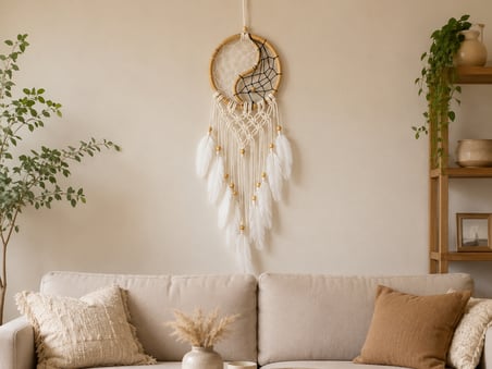 Yin Yang Tasarımlı El Yapımı Düş Kapanı Beyaz Tüylü Bohem Duvar Dekoru