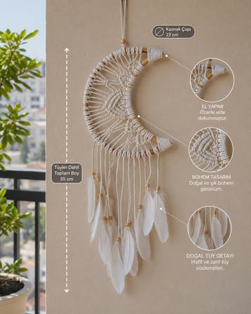 Ay Tasarımlı Makrome Düş Kapanı Tüylü Bohem Duvar Süsü Dekoratif Hediye