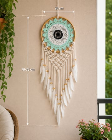 Mint Yeşili Örgü Detaylı Bambu Düş Kapanı Tüylü Bohem Duvar Dekoru