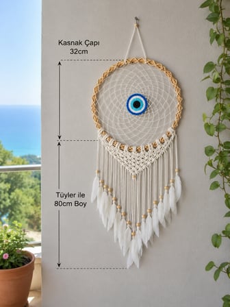 El Yapımı Nazar Boncuklu Makrome Düş Kapanı – Tüylü Duvar Dekoru ve Ev Süsü