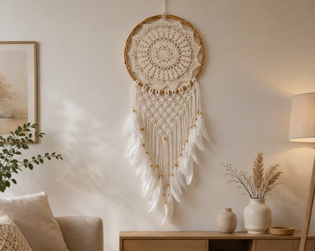 Beyaz Makrome Düş Kapanı – Bambu Kasnaklı Tüylü Bohem Duvar Dekoru
