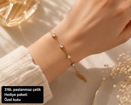 316L Paslanmaz Çelik Gold Renk Parlak Yuvarlak Detaylı Zarif Kadın Bileklik