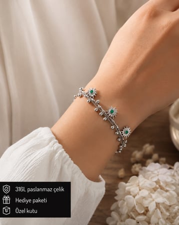 Yeşil Detaylı Çift Zincirli Top Sallantılı 316L Paslanmaz Çelik Kadın Bileklik