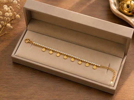 Gold Renk Sallantılı Yuvarlak Detaylı Parlak Sıra Taş Görünümlü Çelik Bileklik