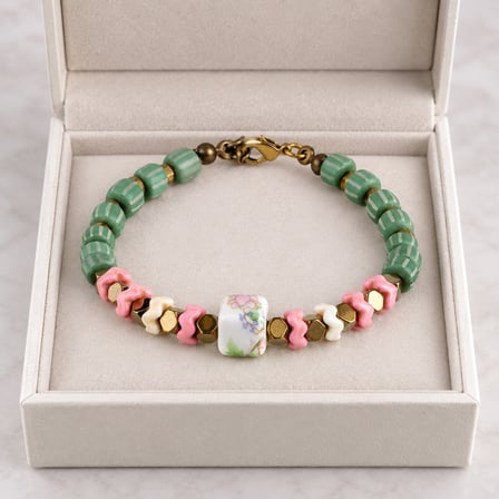 Mint Yeşili Pembe Boncuklu Bileklik – Gold Detaylı Çiçek Desenli Şık Aksesuar