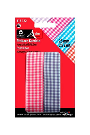 2'li Pembe Mor Ekose Kurdele, Pitikare Kurdele, Paketlik Kurdele 2,5 Cm 2 2 Mt 115 1222