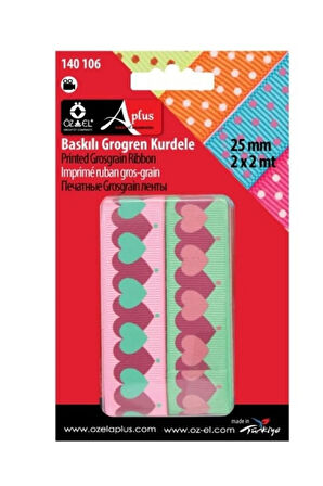 Pembe Ve Yeşil 2'li Kalp Baskılı Grogren Kurdele, Paketlik Kurdele, 2,5 Cm 2 2 Mt 140 106