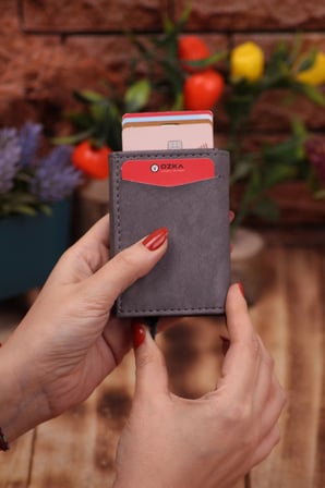 Suni Deri Mekanizmalı Vegan Deri Kartlık Cüzdan Portföy Gri Crazy