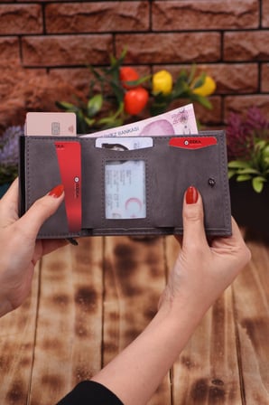Suni Deri Mekanizmalı Vegan Deri Kartlık Cüzdan Portföy Gri Crazy
