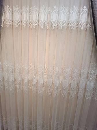 Raporlu, Nakışlı, Kırışma Yapmaz (1/3 Sık Pile) Ekru Tül Perde