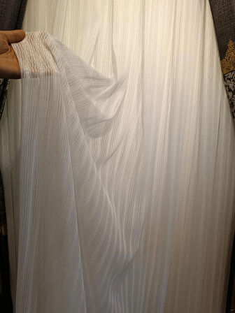 Çizgili, Kırışma Yapmaz, Ütü İstemez (1/3 Sık Pile) Ekru Tül Perde