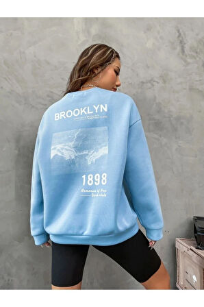 Unisex Kahve Brooklyn Sırt Baskı Oversize Bisiklet Yaka Sweatshirt