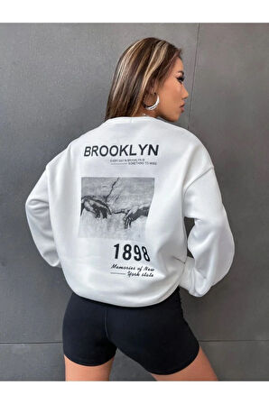 Unisex Kahve Brooklyn Sırt Baskı Oversize Bisiklet Yaka Sweatshirt