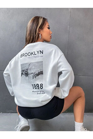 Unisex Kahve Brooklyn Sırt Baskı Oversize Bisiklet Yaka Sweatshirt