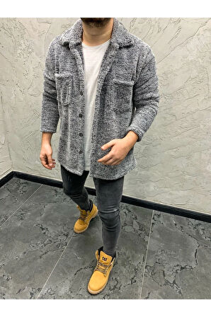 Beoriginal Erkek Gri Renk Düğme Detaylı Ve Rahat Giyim Cepli Pelüş Ceket
