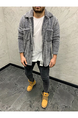 Beoriginal Erkek Gri Renk Düğme Detaylı Ve Rahat Giyim Cepli Pelüş Ceket
