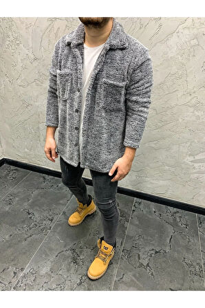 Beoriginal Erkek Gri Renk Düğme Detaylı Ve Rahat Giyim Cepli Pelüş Ceket