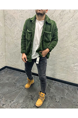 Erkek Yeşil Renk Düğme Detaylı Ve Rahat Giyim Cepli Pelüş Ceket