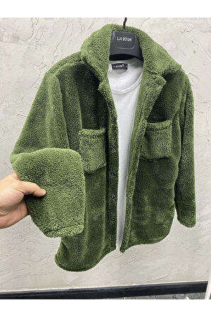Erkek Yeşil Renk Düğme Detaylı Ve Rahat Giyim Cepli Pelüş Ceket