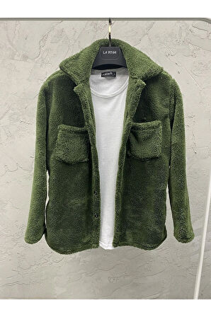 Erkek Yeşil Renk Düğme Detaylı Ve Rahat Giyim Cepli Pelüş Ceket