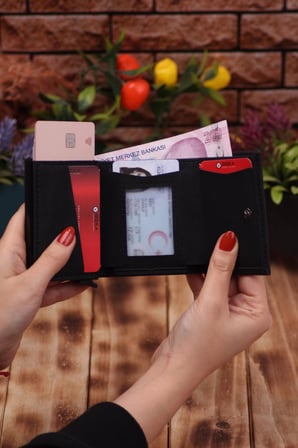 Suni Deri Mekanizmalı Vegan Deri Kartlık Cüzdan Portföy Siyah Crazy