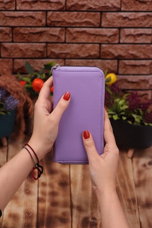 Lila Telefon Bölmeli Unisex Deri Uzun Kartlık Cüzdan Portföy