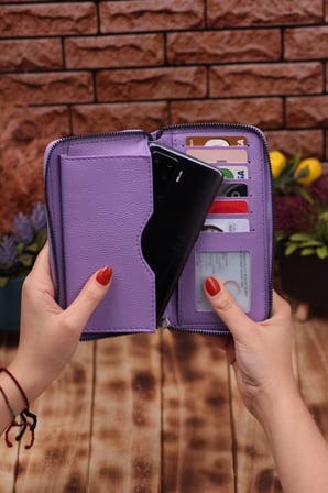 Lila Telefon Bölmeli Unisex Deri Uzun Kartlık Cüzdan Portföy