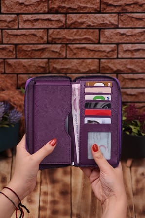 Mürdüm Telefon Bölmeli Unisex Deri Uzun Kartlık Cüzdan Portföy