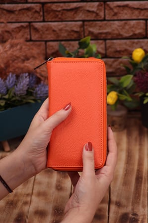 Turuncu Telefon Bölmeli Unisex Deri Portföy Kartlık Uzun Cüzdan