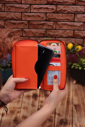 Turuncu Telefon Bölmeli Unisex Deri Portföy Kartlık Uzun Cüzdan