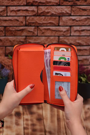 Turuncu Telefon Bölmeli Unisex Deri Portföy Kartlık Uzun Cüzdan