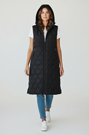 KADIN ÖNÜ FERMUARLI YANLARDAN CEPLİ KAPÜŞONLU KAPİTONE YELEK