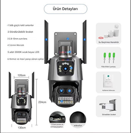 IP66 Su Geçirmez 9MP Çift Lensli 8X Zomlu Wifi PTZ Pollis Çakarlı GÜvenlik Kamerası